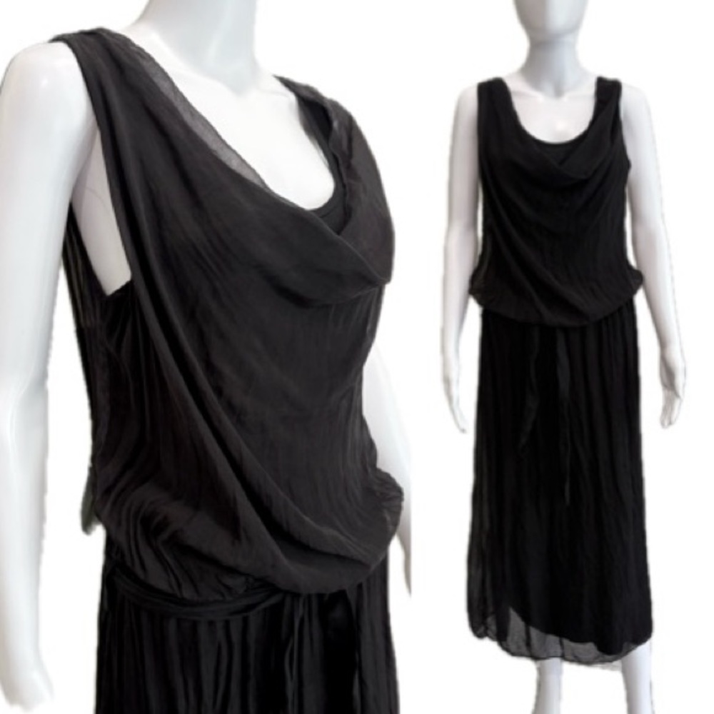 NWT Pura Seta Black Silk Jersey Lined Midi Dress Size Small Drop Waist Flowy